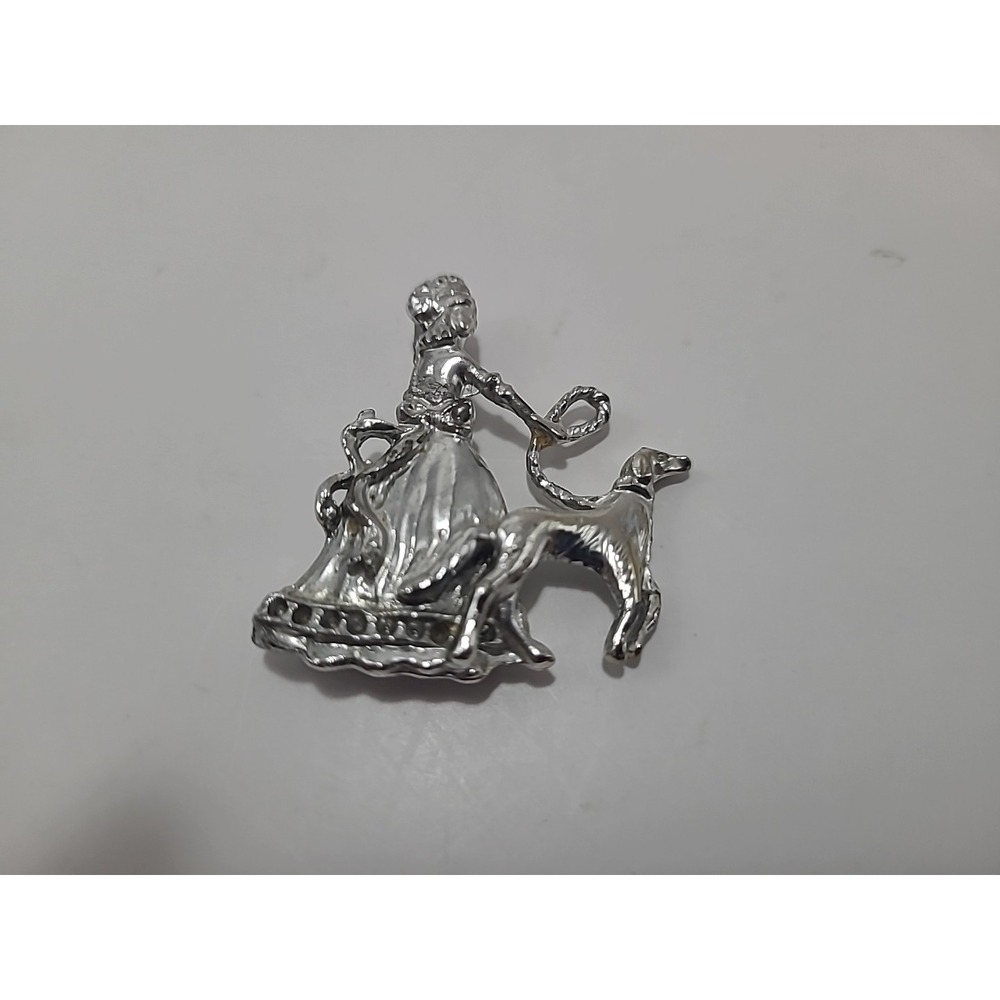 Vintage Silvertone Brooch Pin  Woman in dress Walking greyhound‎ dog
